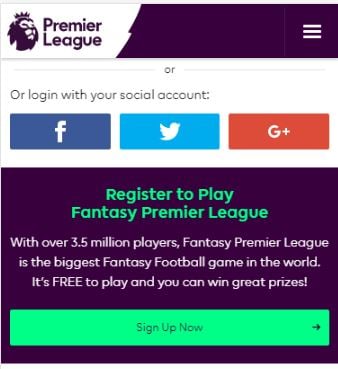 Select Social Media account or Sign Up - Fantasy Premier League