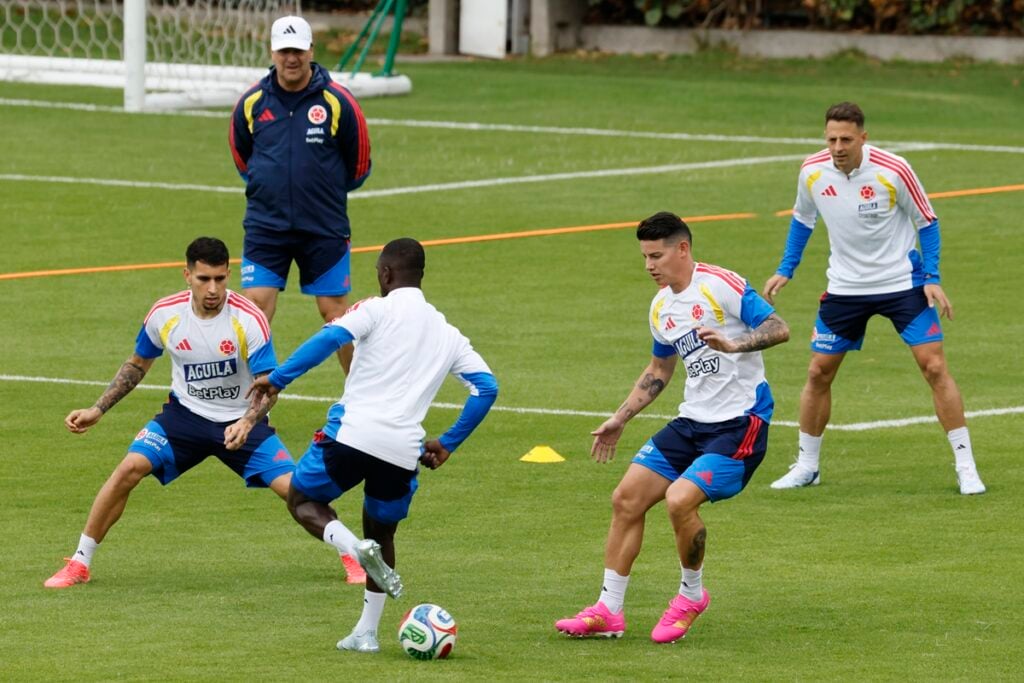 Colombian national soccer players Gustavo Puerta (L), Deiver Machado (second from left), James Rodriguez (second from right) and Santiago Arias (R)