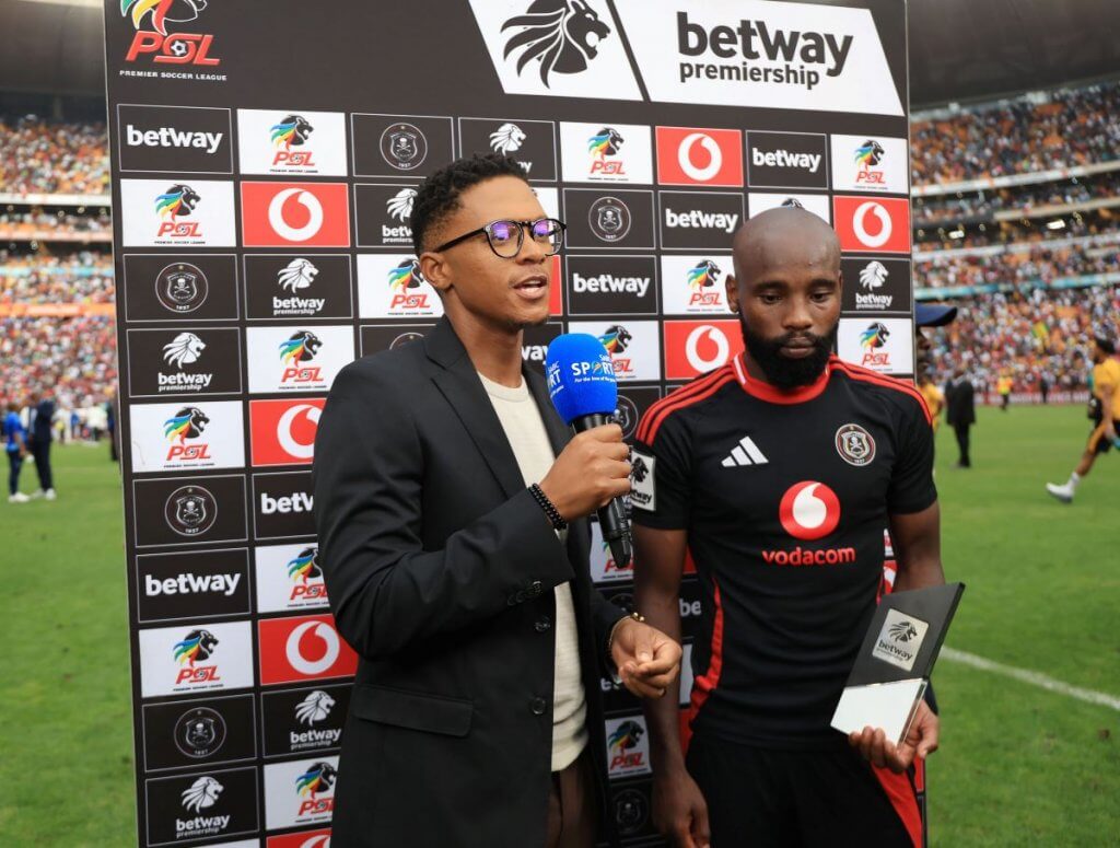 Makhehlene Makhaula of Orlando Pirates celebrates his Man of the Match award after a narrow 1-0 win in the Soweto Derby.