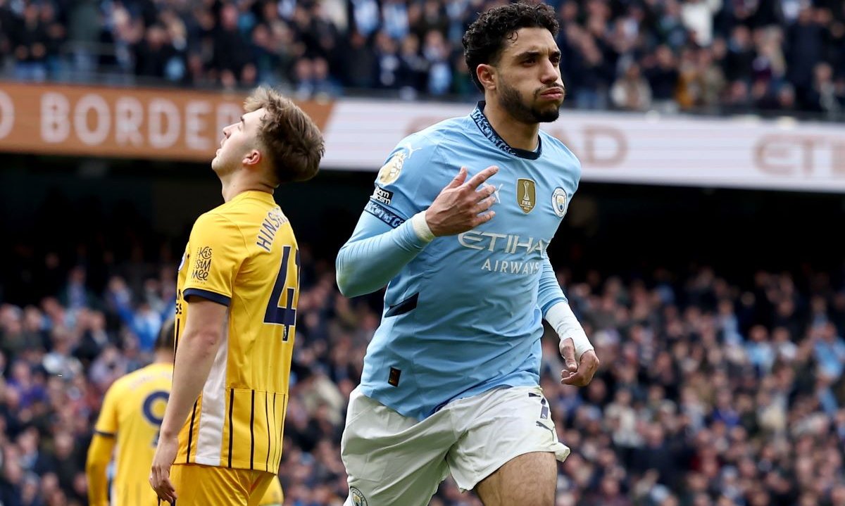 Omar Marmoush of Manchester City celebrates after scoring his team's second goal during the English Premier League soccer match between Manchester City against Brighton & Hove Albion, in Manchester, Britain, 15 March 2025. EPA/ADAM VAUGHAN EDITORIAL USE ONLY. No use with unauthorized audio, video, data, fixture lists, club/league logos, 'live' services or NFTs. Online in-match use limited to 120 images, no video emulation. No use in betting, games or single club/league/player publications.