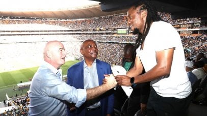 CAF President Patrice Motsepe, FIFA President Gianni Infantino and former South Africa and Chiefs player Siphiwe Tshabalala during the DStv Premiership 2023/24 match between Kaizer Chiefs and Orlando Pirates at Soccer City in Soweto on the 11 November 2023 ©Gavin Barker/BackpagePix