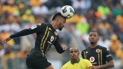 Iqraam Rayners of Mamelodi Sundowns challenged by Inacio Miguel of Kaizer Chiefs during the Betway Premiership 2024/25 match between Mamelodi Sundowns and Kaizer Chiefs at Lucas Moripe Stadium in Pretoria on the 01 March 2025 © Samuel Shivambu/BackpagePix