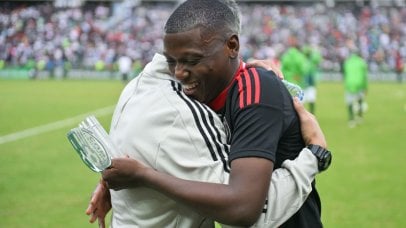 Jose Riveiro, head coach of Orlando Pirates and Kabelo Dlamini of Orlando Pirates celebrates their victory during the Nedbank Cup 2024/25 Semi Final match between Orlando Pirates and Marumo Gallants at Orlando Stadium in Soweto on 13 April 2025 © Alche Greeff/BackpagePix