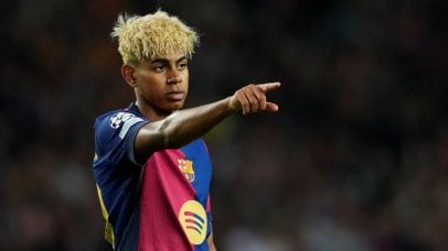 Barcelona's Lamine Yamal gestures during the UEFA Champions League semifinal first leg soccer match between FC Barcelona and Inter Milan, in Barcelona, Catalonia, Spain, 30 April 2025. EPA/ALEJANDRO GARCIA
