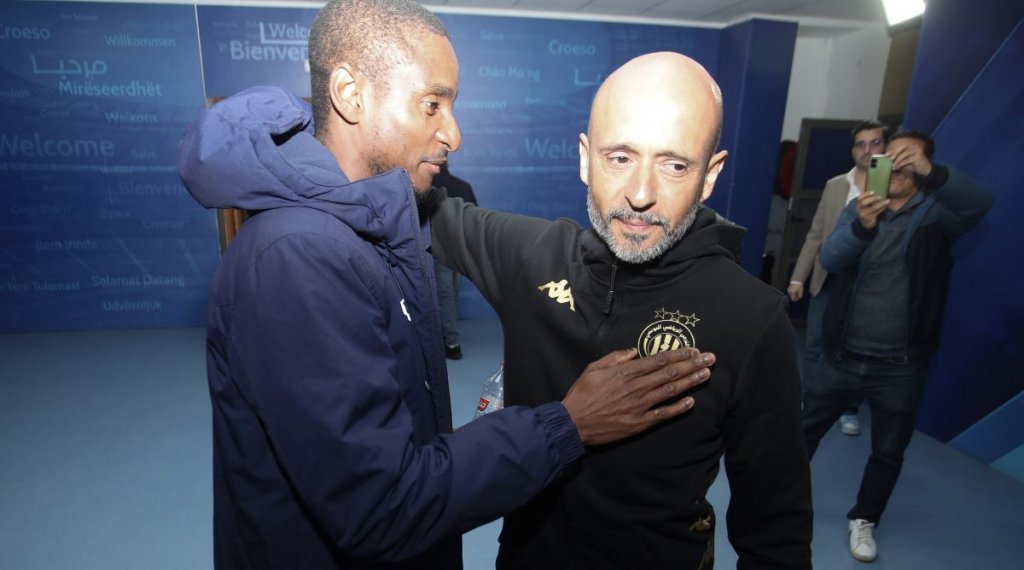 Sundowns Coach Rulani Mokwena and Esperance coach Miguel Cardoso during the CAF Champions League 2023/24 1st leg semifinal press conference for Mamelodi Sundowns in Rades on 19 April 2024 ©Mehrez Toujani/BackpagePix