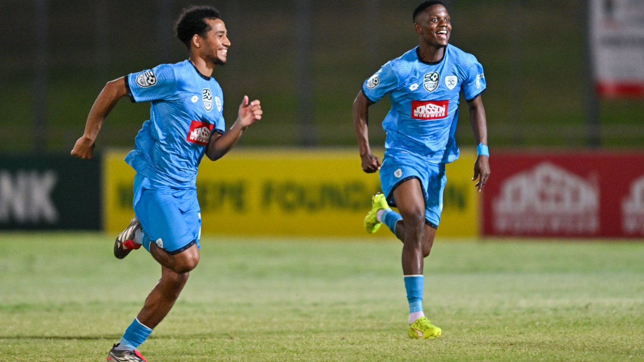 Sphiwe Mahlangu of Durban City celebrates their victory during the 2026 Nedbank Cup match between Durban City and Chippa United at Chatsworth Stadium in Durban on 6 February 2026 © Alche Greeff/BackpagePix