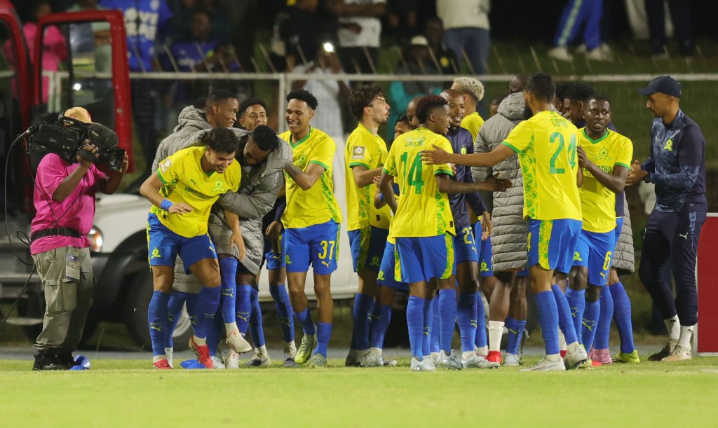 Miquel Silva Reisinho of Mamelodi Sundowns celebrates goal with teammates during the Betway Premiership 2025/26 match between Orbirt College and Mamelodi Sundowns at Olympia Park Stadium in Rustenburg on 10 March 2026 ©Samuel ShivambuBackpagePix