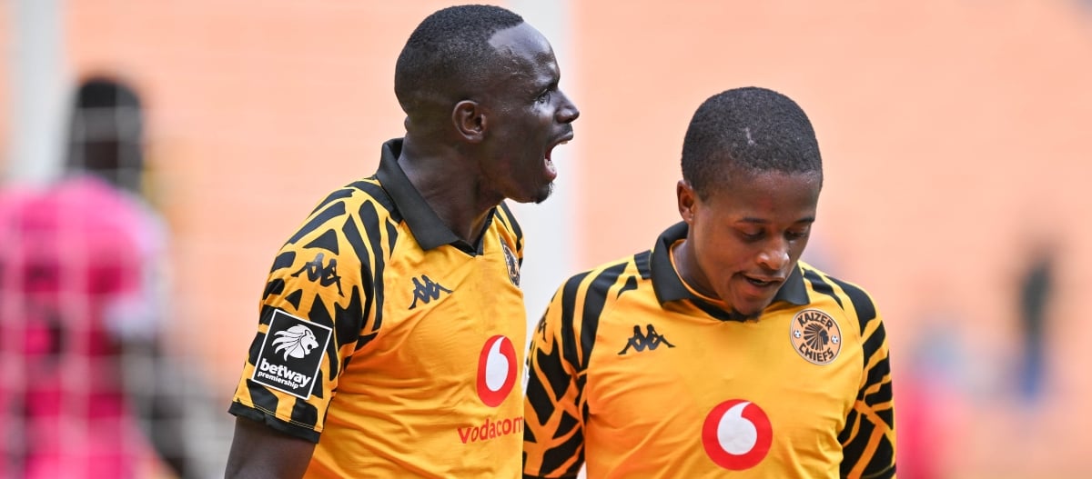 Flavio Silva of Kaizer Chiefs celebrates a goal with Mduduzi Shabalala of Kaizer Chiefs during the Betway Premiership 2025/26 match between Kaizer Chiefs and TS Galaxy at FNB Stadium in Johannesburg on 12 April 2026 ©Alche Greeff/BackpagePix