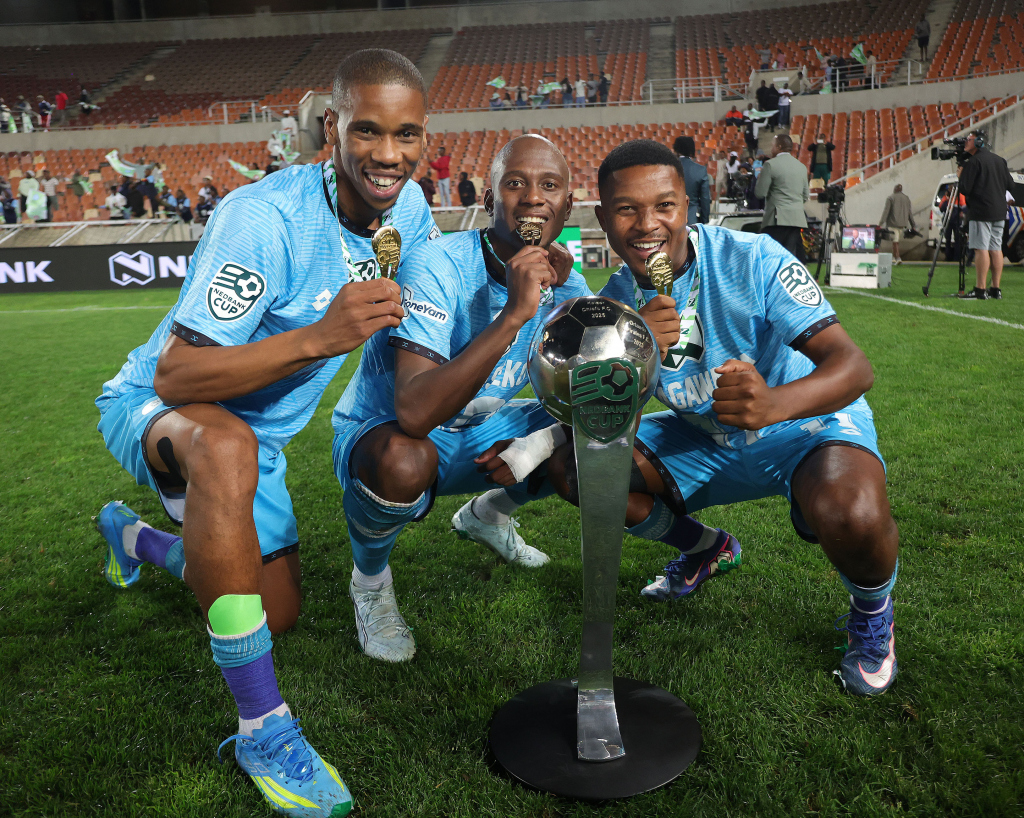 Fezile Gcaba, Samkelo Maseko of Durban City celebrates victory during the 2026 Nedbank Cup final match between Durban City and TS Galaxy at Peter Mokaba Stadium in Polokwane on 02 May 2026 ©Samuel ShivambuBackpagePix