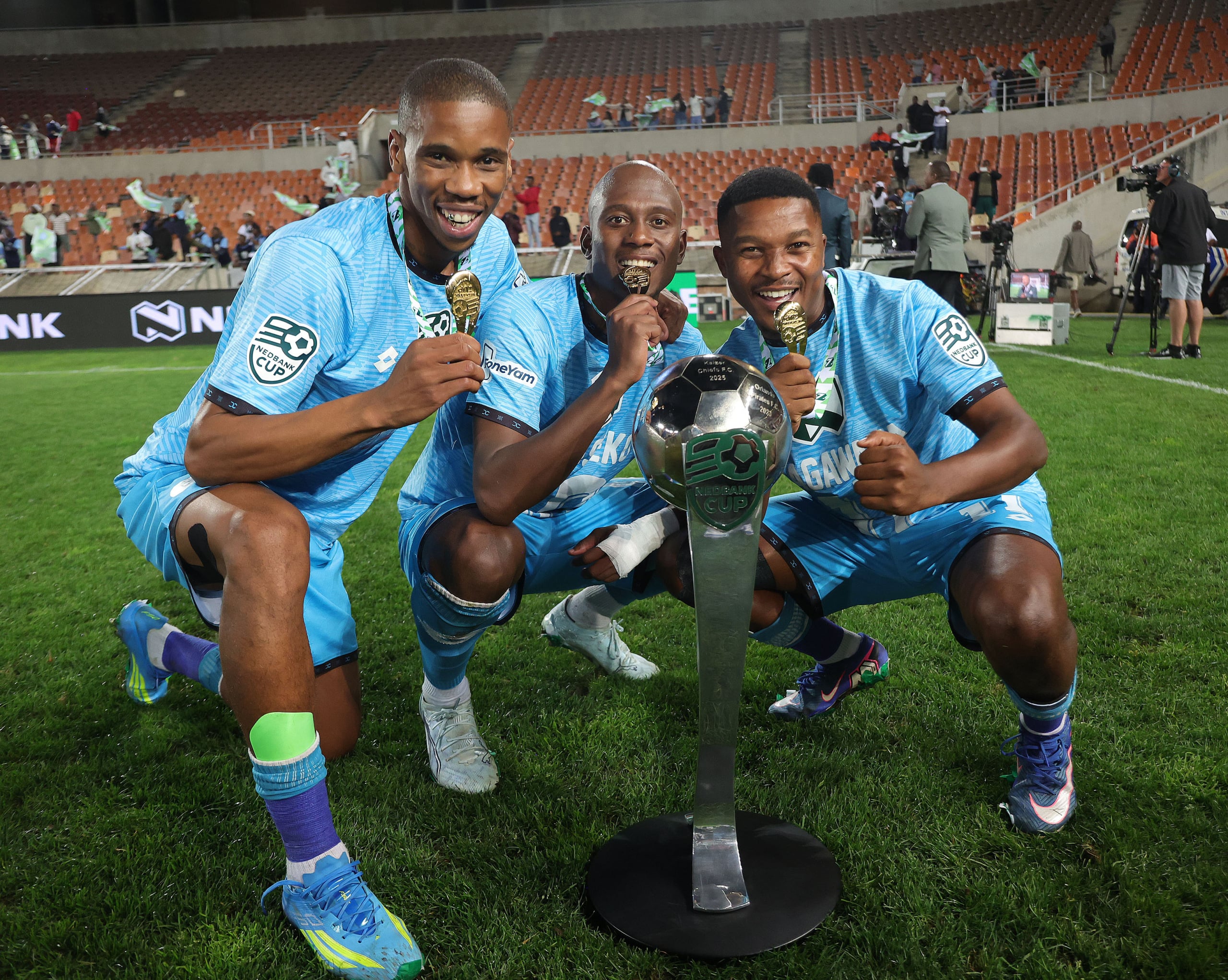 Fezile Gcaba, Samkelo Maseko of Durban City celebrates victory during the 2026 Nedbank Cup final match between Durban City and TS Galaxy at Peter Mokaba Stadium in Polokwane on 02 May 2026 ©Samuel ShivambuBackpagePix