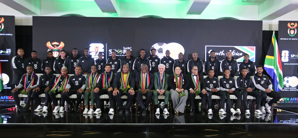 Cyril Ramaphosa (President of South Africa), Hugo Broos (coach of South Africa), Dr Danny Jordaan (SAFA President), Gayton McKenzie (Minister of Sports, Arts and Culture of South Africa), Bertha Peace Mabe (Deputy Minister of Sport, Arts and Culture) and Lydia Monyepao (SAFA CEO) with the players during the 2026 FIFA World Cup South Africa Team Announcement and Send Off at Sefako M Makgatho Presidential Guesthouse, Pretoria on the 27 May 2026 ©Muzi Ntombela/BackpagePix