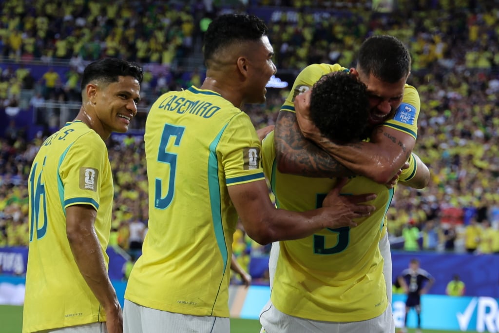 Matheus Cunha of Brazil (2-R) celebrates with his teammates after scoring the 0-3 goal during the FIFA World Cup 2026 group stage match Scotland against Brazil, in Miami, Florida, USA, 24 June 2026. EPA/CRISTOBAL HERRERA-ULASHKEVICH
