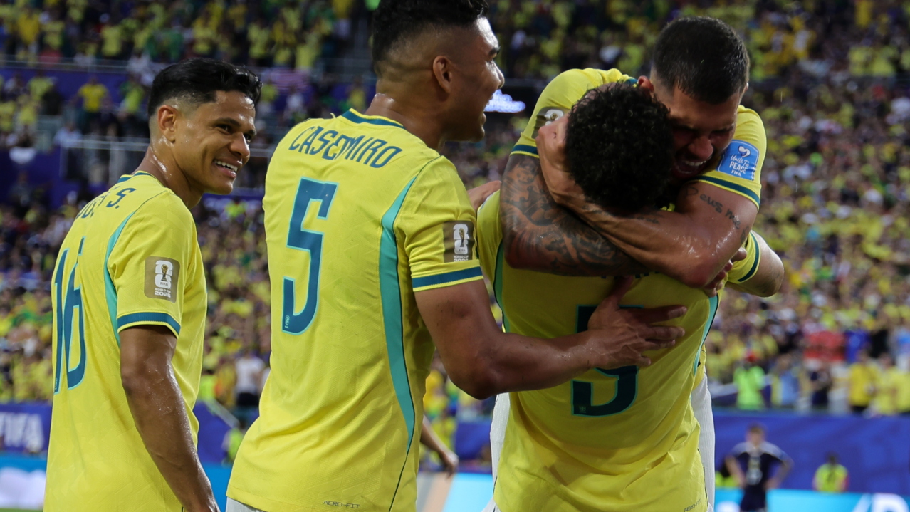 Matheus Cunha of Brazil (2-R) celebrates with his teammates after scoring the 0-3 goal during the FIFA World Cup 2026 group stage match Scotland against Brazil, in Miami, Florida, USA, 24 June 2026. EPA/CRISTOBAL HERRERA-ULASHKEVICH