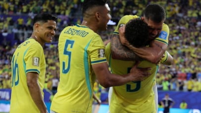 Matheus Cunha of Brazil (2-R) celebrates with his teammates after scoring the 0-3 goal during the FIFA World Cup 2026 group stage match Scotland against Brazil, in Miami, Florida, USA, 24 June 2026. EPA/CRISTOBAL HERRERA-ULASHKEVICH
