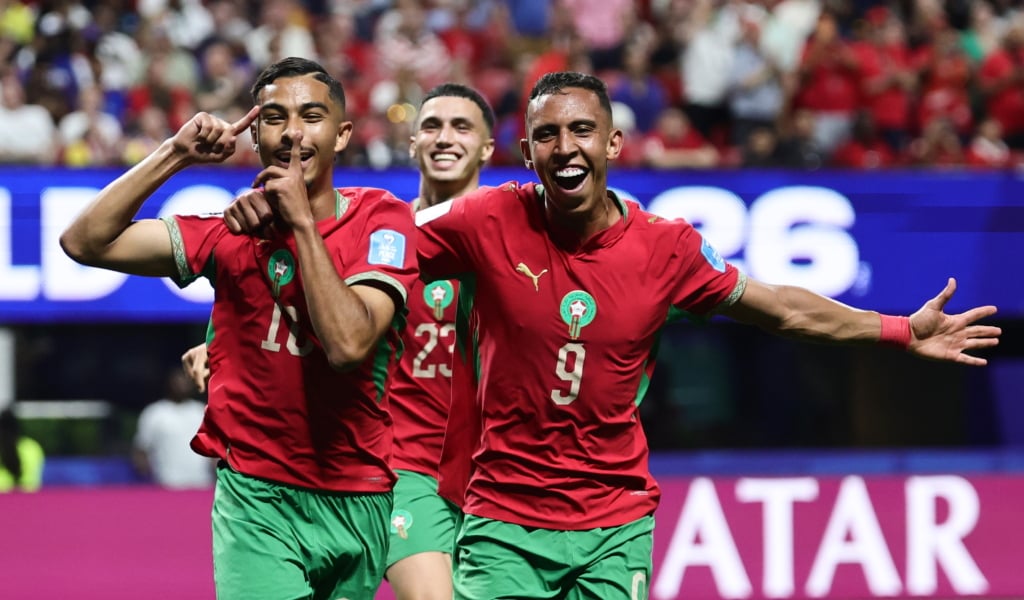 Gessime Yassine of Morocco (L) celebrates with his teammate Soufiane Rahimi after scoring the 4-2 goal during the FIFA World Cup 2026 group stage match Morocco against Haiti, in Atlanta, Georgia, USA, 24 June 2026. EPA/RONALD WITTEK