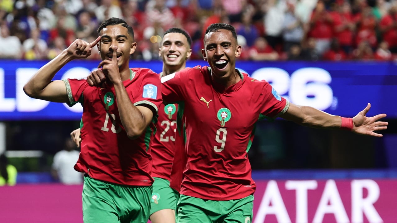 Gessime Yassine of Morocco (L) celebrates with his teammate Soufiane Rahimi after scoring the 4-2 goal during the FIFA World Cup 2026 group stage match Morocco against Haiti, in Atlanta, Georgia, USA, 24 June 2026. EPA/RONALD WITTEK
