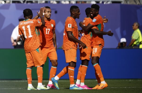 Nicolas Pepe of Ivory Coast (2-R) celebrates with his teammates after scoring the 0-2 goal during the FIFA World Cup 2026 group stage match Curacao against Ivory Coast, in Philadelphia, Pennsylvania, USA, 25 June 2026. EPA/WILL OLIVER