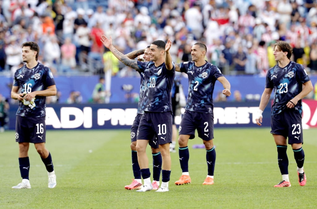 epaselect Miguel Almiron (C) of Paraguay and teammates celebrate after winning the FIFA World Cup 2026 Round of 32 match Germany against Paraguay, in Boston, USA, 29 June 2026. Paraguay beat Germany 4-3 on penalties. EPA/SHAWN THEW