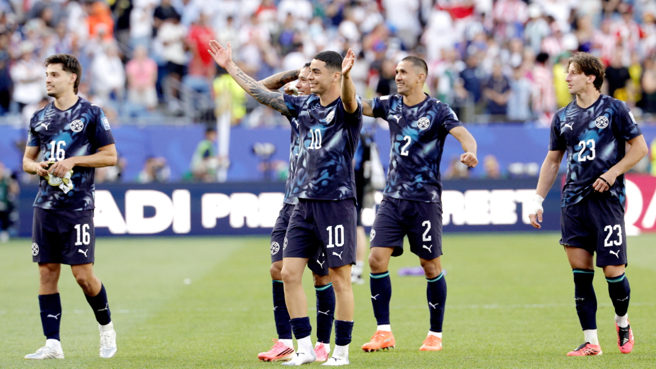 epaselect Miguel Almiron (C) of Paraguay and teammates celebrate after winning the FIFA World Cup 2026 Round of 32 match Germany against Paraguay, in Boston, USA, 29 June 2026. Paraguay beat Germany 4-3 on penalties. EPA/SHAWN THEW