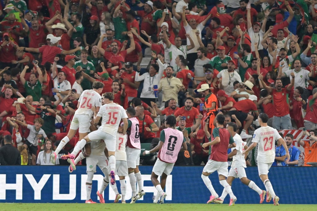 Moroccan players celebrate a goal by Issa Diop during the FIFA World Cup 2026 Round of 32 match between the Netherlands and Morocco, in Monterrey, Mexico, 29 June 2026. EPA/MIGUEL SIERRA
