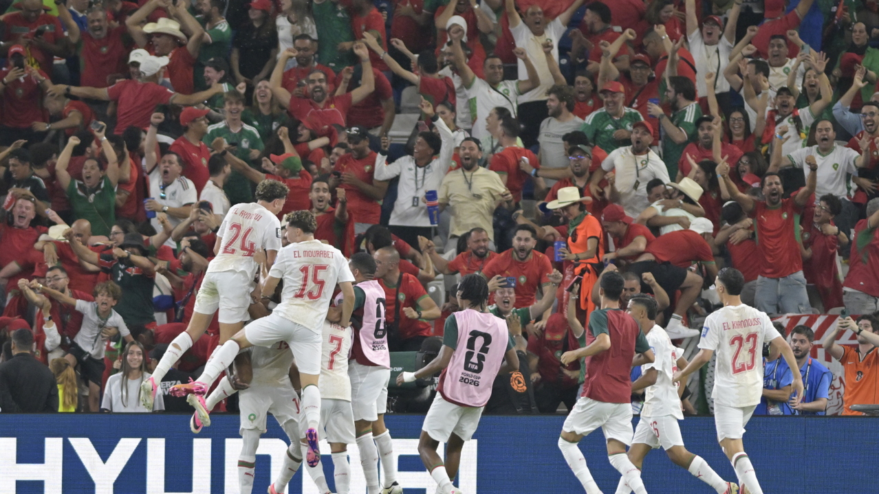 Moroccan players celebrate a goal by Issa Diop during the FIFA World Cup 2026 Round of 32 match between the Netherlands and Morocco, in Monterrey, Mexico, 29 June 2026. EPA/MIGUEL SIERRA