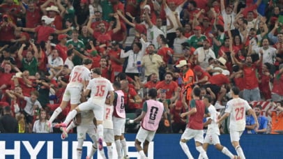 Moroccan players celebrate a goal by Issa Diop during the FIFA World Cup 2026 Round of 32 match between the Netherlands and Morocco, in Monterrey, Mexico, 29 June 2026. EPA/MIGUEL SIERRA