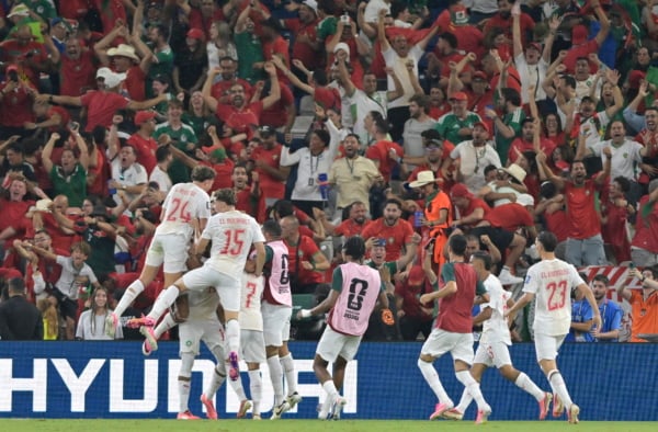 Moroccan players celebrate a goal by Issa Diop during the FIFA World Cup 2026 Round of 32 match between the Netherlands and Morocco, in Monterrey, Mexico, 29 June 2026. EPA/MIGUEL SIERRA