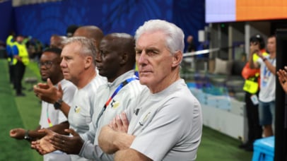 Hugo Broos and Helman Mkhalele, assistant coach of South Africa during the FIFA World Cup 2026 match between Czechia and South Africa at the Atlanta Stadium, Atlanta, America on 18 June 2026 ©Gavin Barker/BackpagePix
