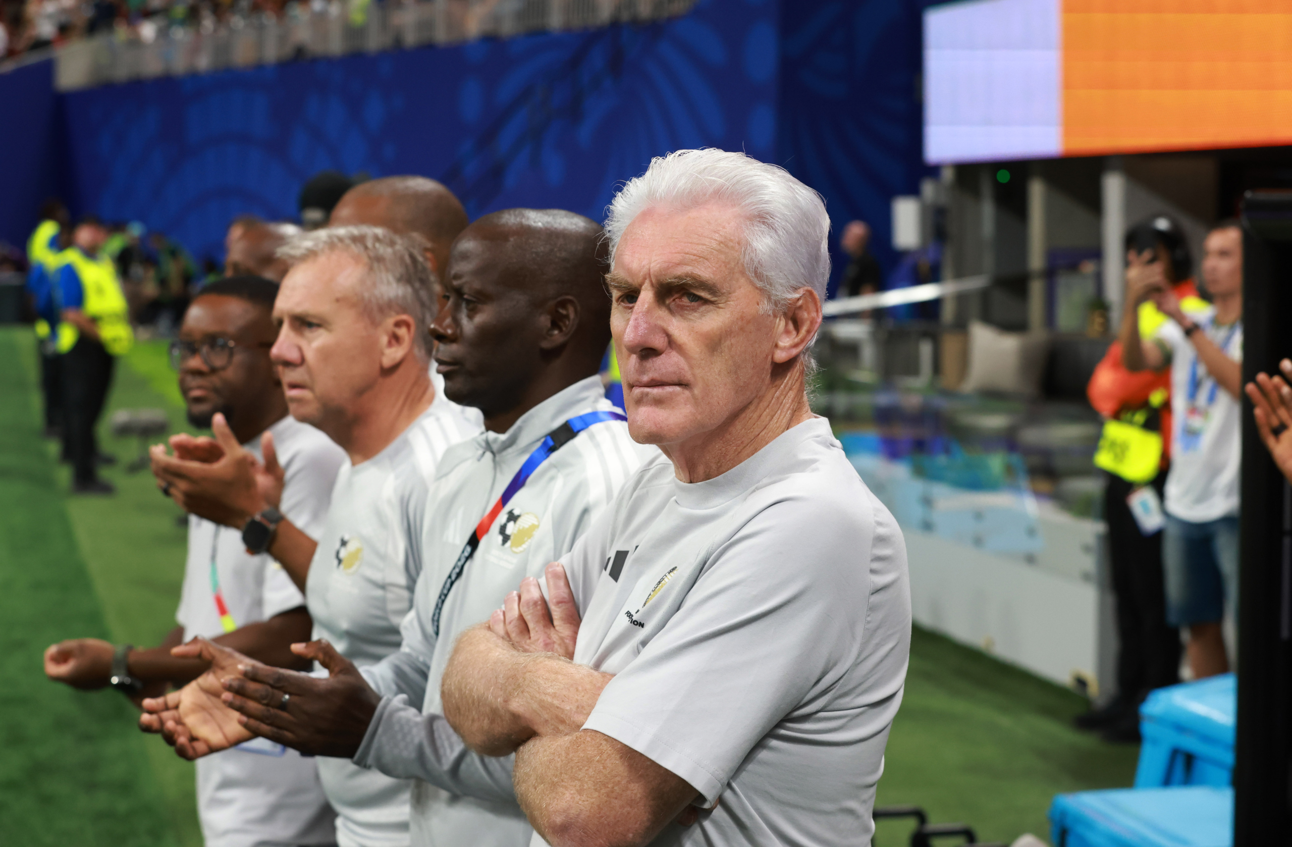 Hugo Broos and Helman Mkhalele, assistant coach of South Africa during the FIFA World Cup 2026 match between Czechia and South Africa at the Atlanta Stadium, Atlanta, America on 18 June 2026 ©Gavin Barker/BackpagePix