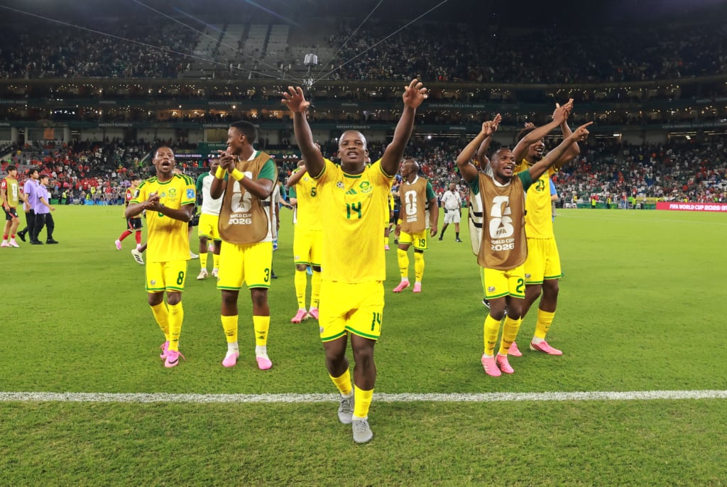 Mbekezeli Mbokazi of South Africa celebrates victory during the FIFA World Cup 2026 match between South Africa and South Korea at the Monterrey Stadium, Mexico on 24 June 2026 ©Gavin Barker/BackpagePix