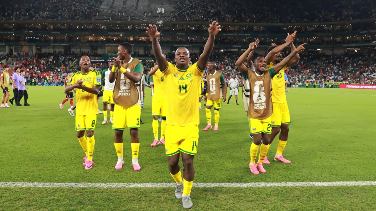 Mbekezeli Mbokazi of South Africa celebrates victory during the FIFA World Cup 2026 match between South Africa and South Korea at the Monterrey Stadium, Mexico on 24 June 2026 ©Gavin Barker/BackpagePix