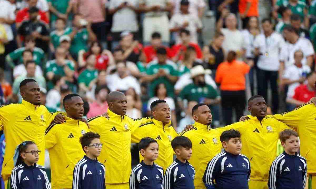 South Africa sing national anthem, Relebohile Mofokeng of South Africa (c) during the FIFA World Cup 2026 match between South Africa and South Korea at the Monterrey Stadium, Mexico on 24 June 2026 ©Gavin Barker/BackpagePix