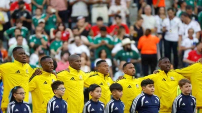 South Africa sing national anthem, Relebohile Mofokeng of South Africa (c) during the FIFA World Cup 2026 match between South Africa and South Korea at the Monterrey Stadium, Mexico on 24 June 2026 ©Gavin Barker/BackpagePix