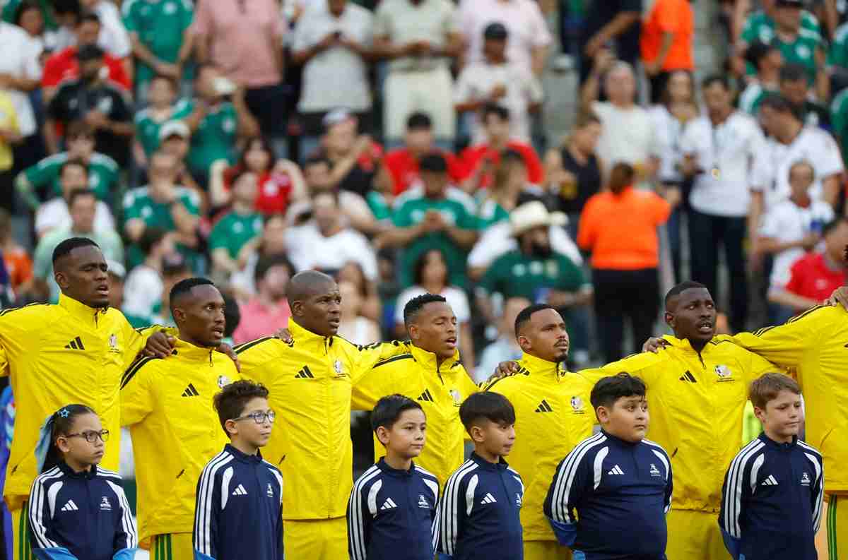 South Africa sing national anthem, Relebohile Mofokeng of South Africa (c) during the FIFA World Cup 2026 match between South Africa and South Korea at the Monterrey Stadium, Mexico on 24 June 2026 ©Gavin Barker/BackpagePix