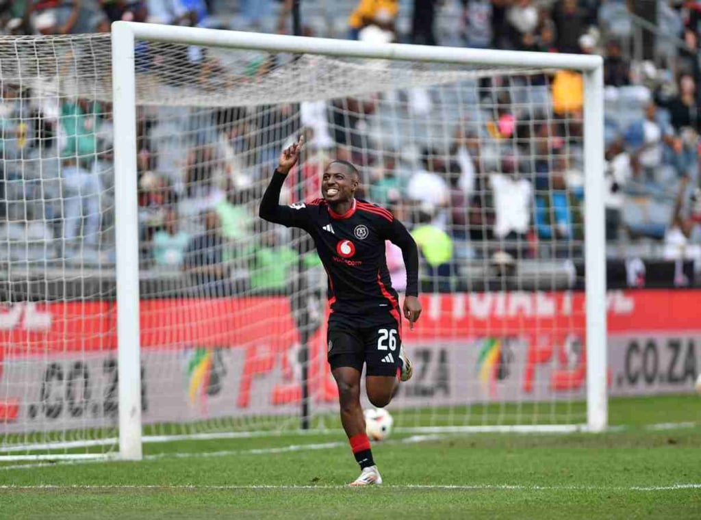 Bandile Shandu of Orlando Pirates celebrates goal during the Betway Premiership 2024/25 match between Orlando Pirates and TS Galaxy at Orlando Stadium in Soweto, on 17 May 2025 ©Phakamisa Lensman/BackpagePix