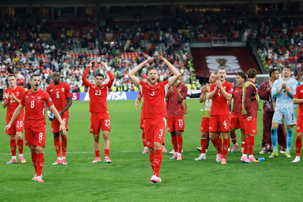 The Swiss team celebrates victory after the 2026 FIFA World Cup round of 32 soccer match between Switzerland and Algeria at BC Place stadium in Vancouver, Canada, 02 July 2026. EPA/PETER KLAUNZER EDITORIAL USE ONLY
