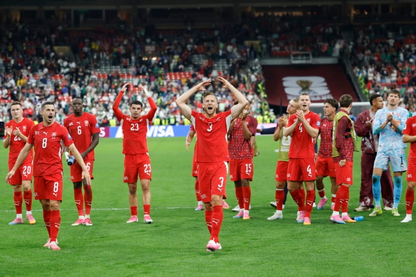 The Swiss team celebrates victory after the 2026 FIFA World Cup round of 32 soccer match between Switzerland and Algeria at BC Place stadium in Vancouver, Canada, 02 July 2026. EPA/PETER KLAUNZER EDITORIAL USE ONLY