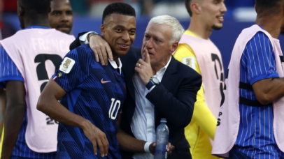 France's head coach Didier Deschamps talks to his player Kylian Mbappe after winning the FIFA World Cup 2026 Round of 16 match Paraguay against France, in Philadelphia, Pennsylvania, USA, 04 July 2026. EPA/WILL OLIVER