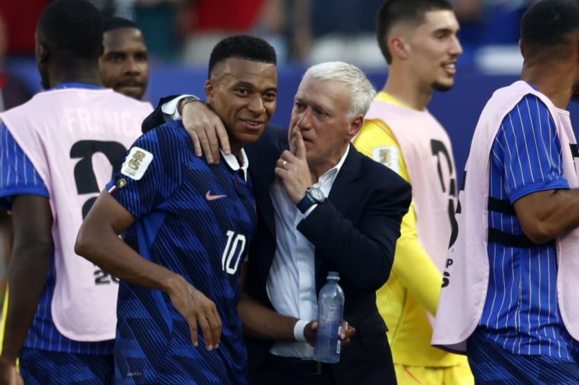 France's head coach Didier Deschamps talks to his player Kylian Mbappe after winning the FIFA World Cup 2026 Round of 16 match Paraguay against France, in Philadelphia, Pennsylvania, USA, 04 July 2026. EPA/WILL OLIVER