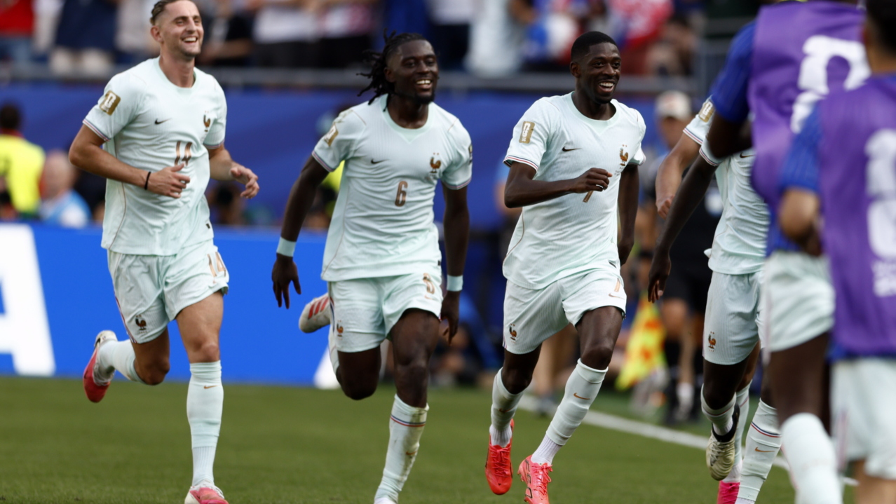 Ousmane Dembele of France (R) celebrates with teammates after scoring the 2-0 during the FIFA World Cup 2026 quarterfinals match France against Morocco, in Boston, USA, 09 July 2026. EPA/WILL OLIVER