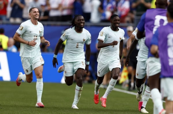 Ousmane Dembele of France (R) celebrates with teammates after scoring the 2-0 during the FIFA World Cup 2026 quarterfinals match France against Morocco, in Boston, USA, 09 July 2026. EPA/WILL OLIVER