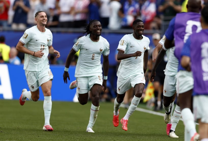 Ousmane Dembele of France (R) celebrates with teammates after scoring the 2-0 during the FIFA World Cup 2026 quarterfinals match France against Morocco, in Boston, USA, 09 July 2026. EPA/WILL OLIVER
