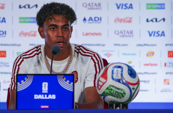 Spain’s national soccer player Lamine Yamal attends a press conference in Dallas, Texas, USA, 13 July 2026. Spain will face France on 14 July in a FIFA World Cup 2026 semi final match. EPA/CHRISTOPHER NEUNDORF