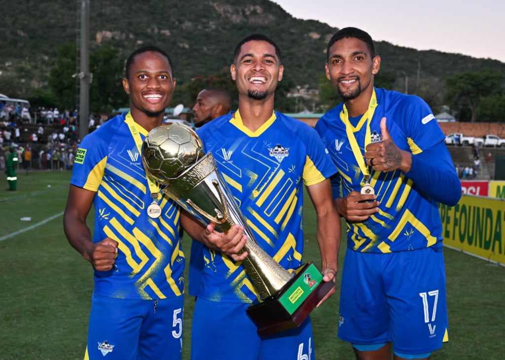 Kruger United celebrates being Champions during the Motsepe Foundation Championship 2025/26 match between Kruger United and The Bees at Kanyamazane Stadium in Mpumalanga on 17 May 2026 © Alche Greeff/BackpagePix