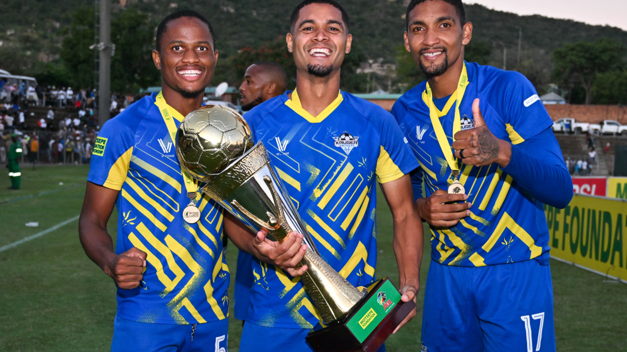 Kruger United celebrates being Champions during the Motsepe Foundation Championship 2025/26 match between Kruger United and The Bees at Kanyamazane Stadium in Mpumalanga on 17 May 2026 © Alche Greeff/BackpagePix