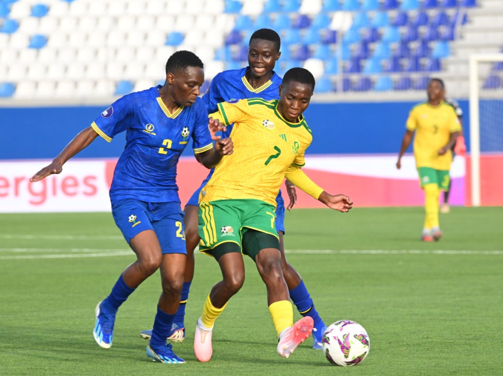 Karabo Dhlamini of South Africa challenged by Enekia Kasonga Lunyamila of Tanzania during the Women's Africa Cup Of Nations match between South Africa and Tanzania on the 27July 2026 at Moulay Rachid Stadium in Casablanca ©Sydney Mahlangu BackpagePix
