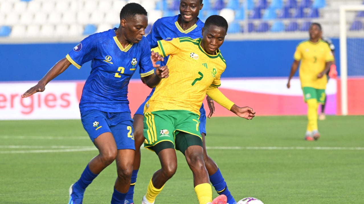 Karabo Dhlamini of South Africa challenged by Enekia Kasonga Lunyamila of Tanzania during the Women's Africa Cup Of Nations match between South Africa and Tanzania on the 27July 2026 at Moulay Rachid Stadium in Casablanca ©Sydney Mahlangu BackpagePix
