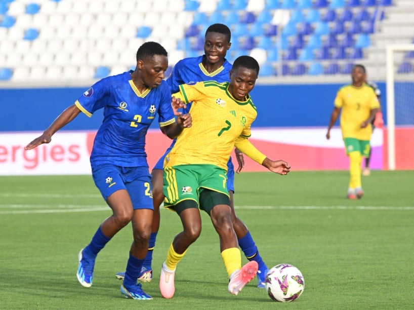 Karabo Dhlamini of South Africa challenged by Enekia Kasonga Lunyamila of Tanzania during the Women's Africa Cup Of Nations match between South Africa and Tanzania on the 27July 2026 at Moulay Rachid Stadium in Casablanca ©Sydney Mahlangu BackpagePix