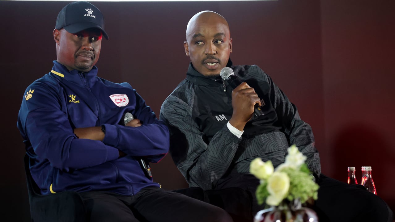 Khalil Ben Youssef, coach of Durban City and Abram Mongoya during Betway Premiership 2026/27 launch at The Venue in Houghton in Johannesburg, on 29 July 2026 ©Samuel Shivambu/BackpagePix