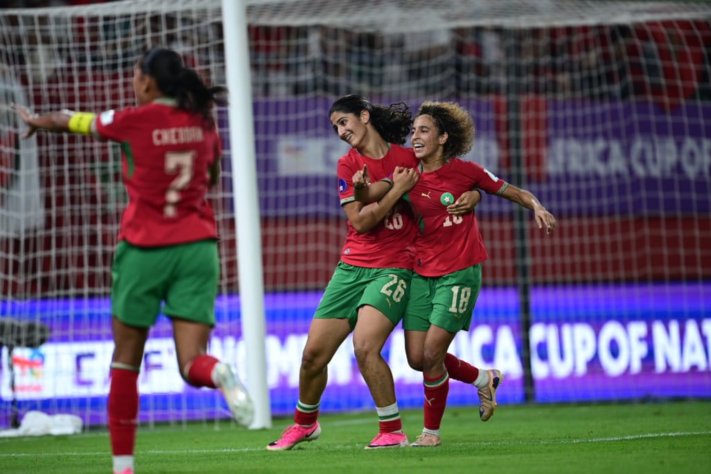 Sanaa Mssoudy of Morocco celebrates goal with teammates during the 2026 Womens Africa Cup of Nations match between Morocco and Algeria at Moulay El Hassan Stadium in Rabat, Morocco on 30 July 2026 BackpagePix/Nabil Ramdani